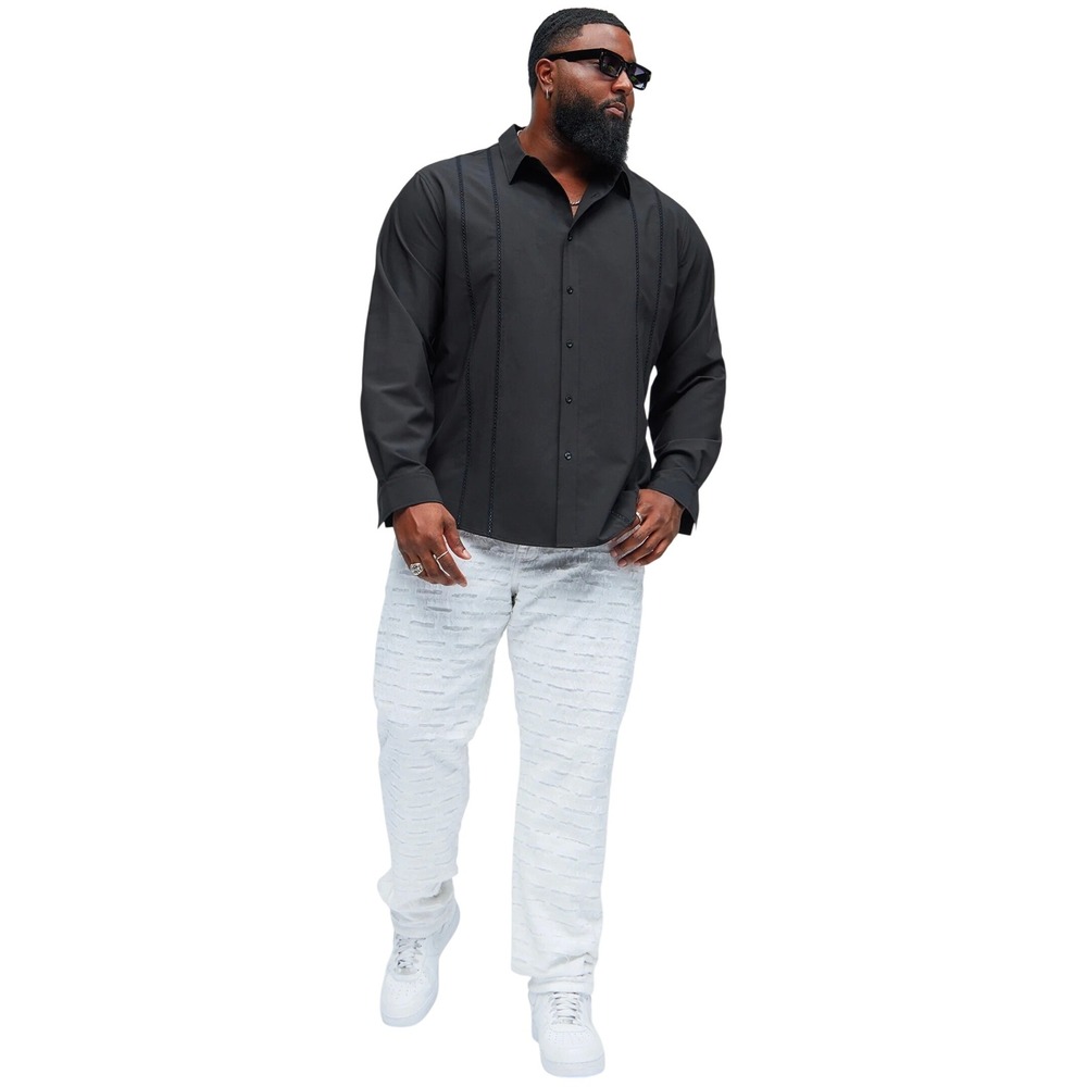 Fashion Nova Men Black Lace Trim Button Down Shirt XXL Crochet Panel Stretch